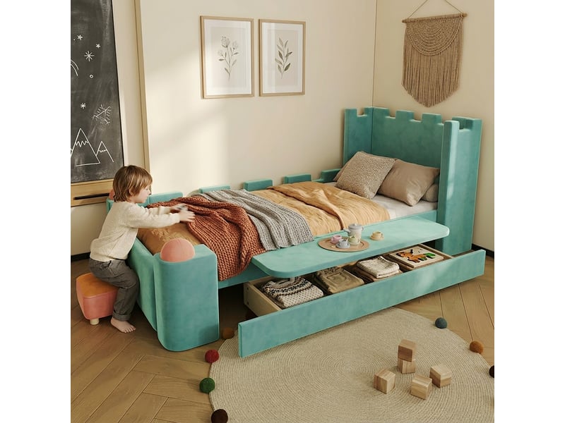  Lit enfant capitonné 90x200cm bleu-vert, design château, tablette rabattable et tiroir  - Conforama E