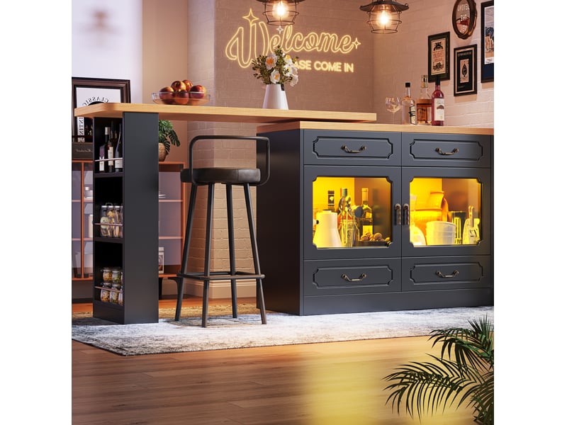  Table de bar extensible 135-203 cm avec rangement, led, rotation 360°, noir naturel  - Conforama B