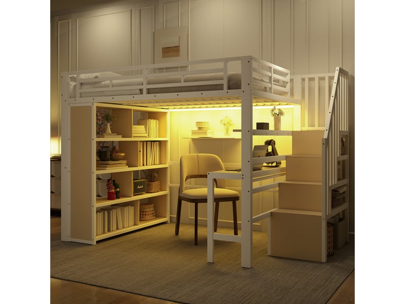 Lit mezzanine 140 x 200 cm avec bureau, rangements et éclairage led blanc - Conforama E