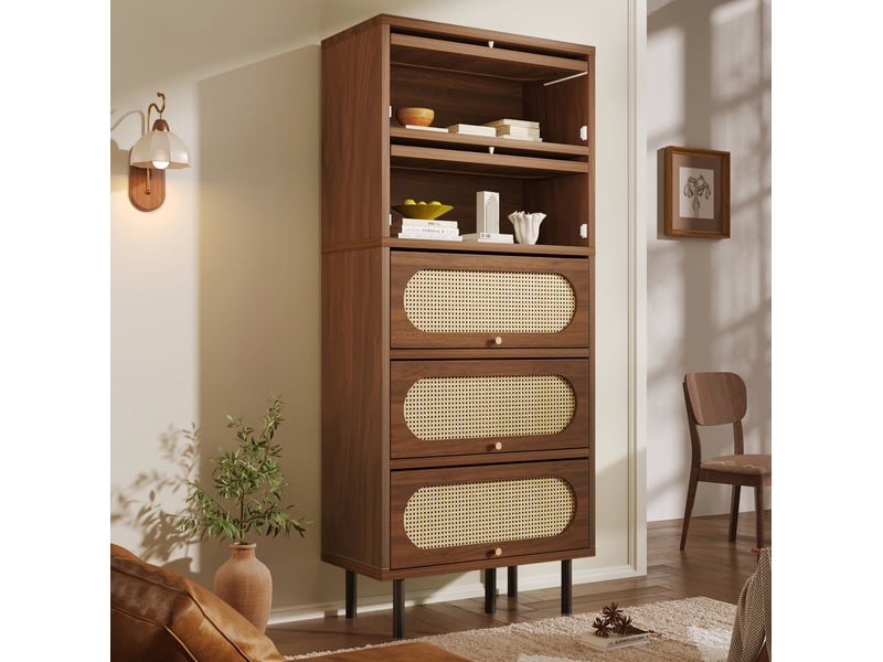  Commode de rangement 80x40x163 cm à 5 abattants en bois noyer, pieds en métal noir  - Conforama C
