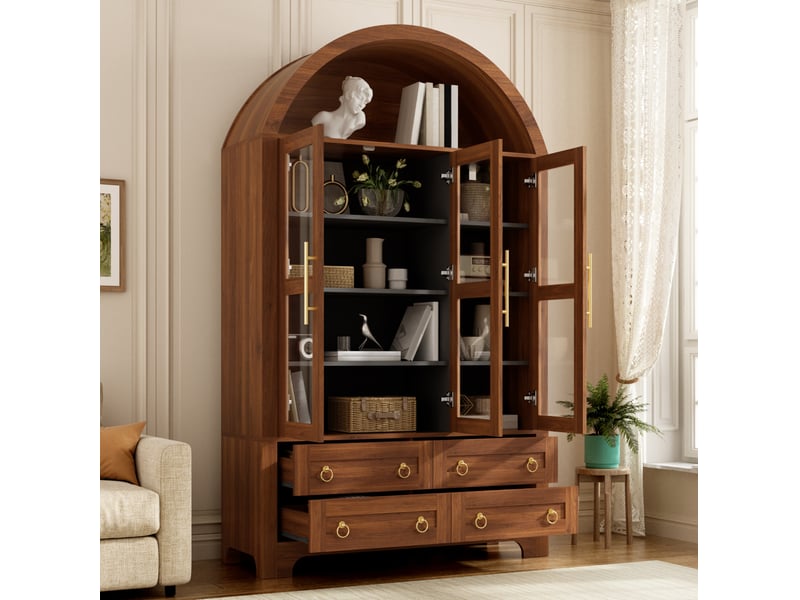 Buffet haut 110x40x185 cm, 3 portes vitrées, 4 tiroirs, niche arche ouverte, mdf et panneaux de particules noyer - Conforama B
