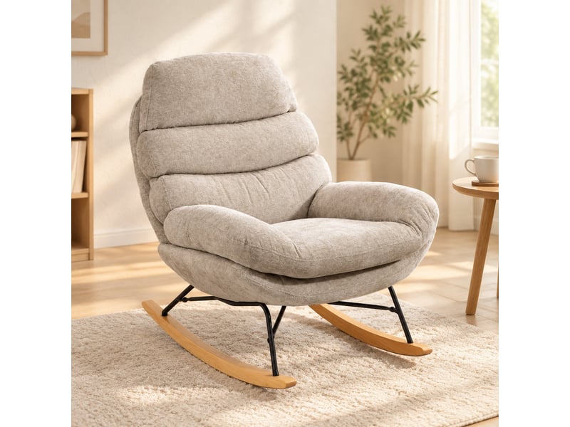  Fauteuil à bascule rembourré avec dossier haut et patins antidérapants, en polyester blanc crème, acier et bois  - Conforama B
