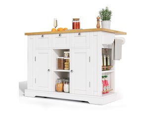 Desserte de cuisine mobile 132 x 70 x 87 cm, blanc et naturel en mdf, plan de travail rabattable avec prises usb