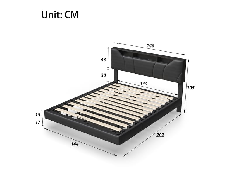  Lit coffre hydraulique 140×200cm, tête de lit pu avec rangement, led et port usb, design flottant, noir  - Conforama C