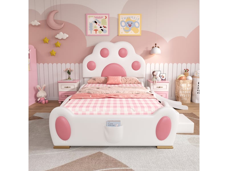  Lit capitonné enfant avec tête patte de chat, toboggan et échelle, 90x200cm, blanc et rose  - Conforama C