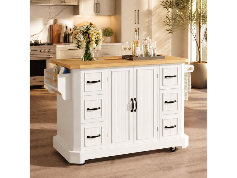  Desserte de cuisine mobile 142x45x91 cm blanche avec 2 portes et 6 tiroirs  - Conforama E