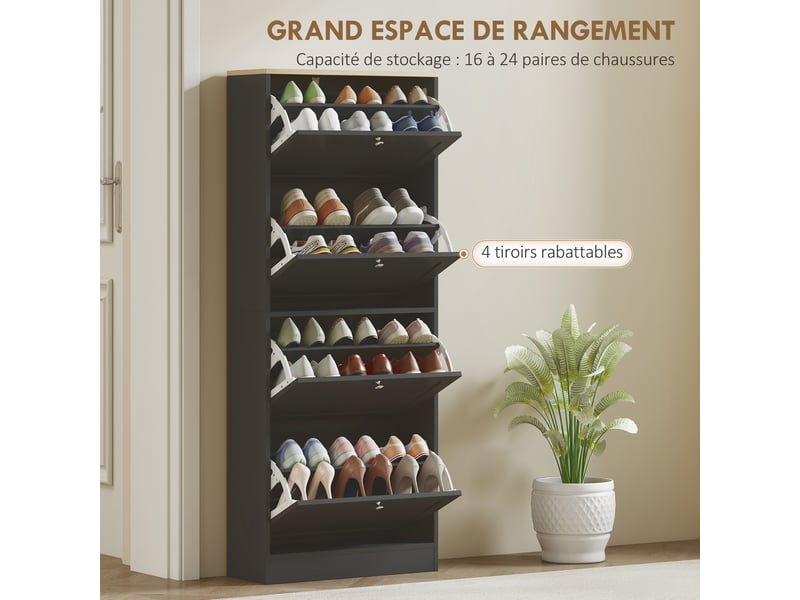  Meuble à chaussures 24 paires, armoire à chaussures avec 4 tiroirs rabattables, étagères réglables, 60x23,5x153cm, noir  - Conforama E