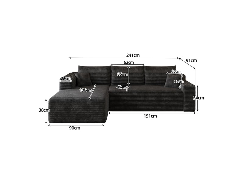  Canapé d'angle compressé 241x151x58 cm, assise profonde, velours côtelé, sans montage, mousse haute élasticité pour salon - noir  - Conforama C