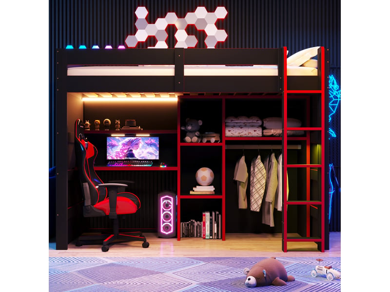  Lit mezzanine 90x200 cm noir et rouge avec bureau, rangement, led et usb  - Conforama D