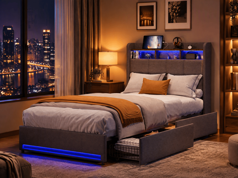  Lit simple rembourré 90x200 avec sommier led et usb, lit 1 personne avec 2 tiroirs, sommier à lattes, sans matelas  - Conforama W