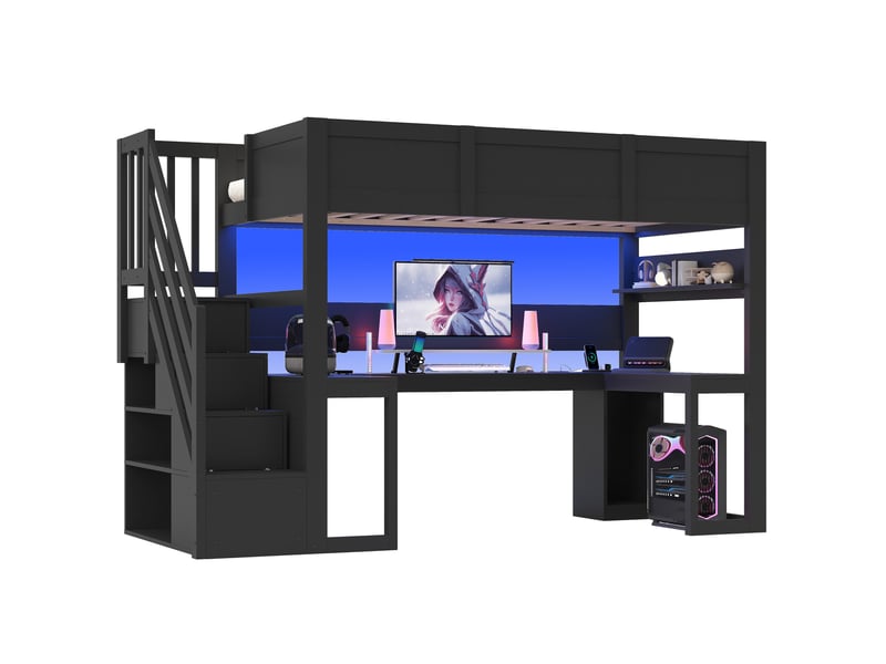  Lit mezzanine pour gamer 90x200 cm, bureau intégré, escalier rangement, led, port usb, mdf noir sans matelas  - Conforama A