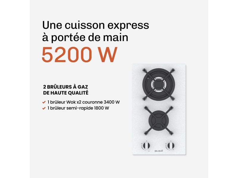  Beldeko plaque de cuisson gaz 2 foyers 5200 w - verre blanc - brûleur double couronne - grilles en fonte - marque française  - Conforama E