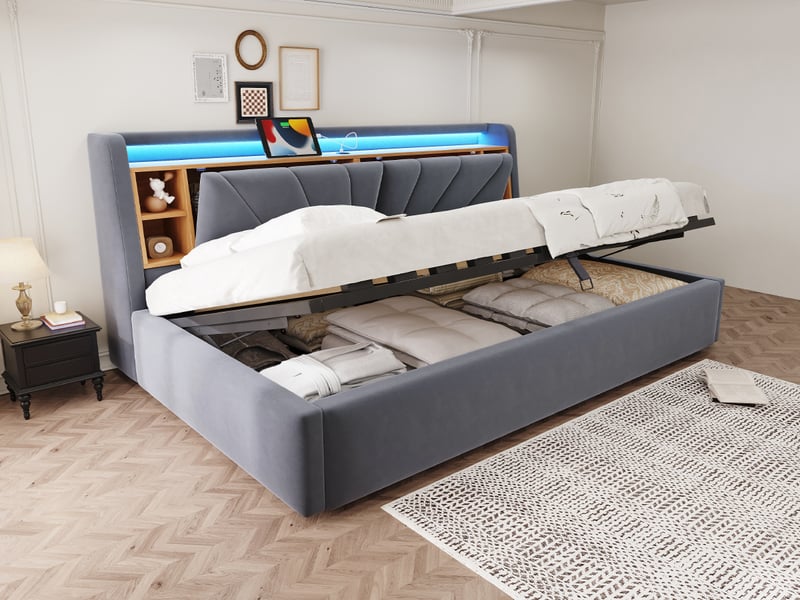  Lit banquette 90 × 200 cm, coffre hydraulique, led, usb, dossier avec étagères et rangements, velours gris foncé  - Conforama B