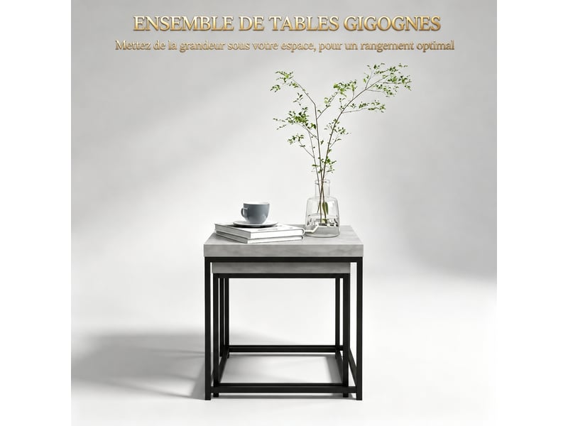  Lot de 2 tables basses gigognes, table basse carrée 45x45 cm, cadre en acier robuste noir, plateau gris, gain de place  - Conforama R
