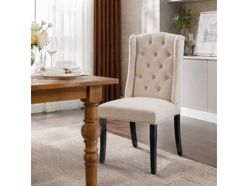  Lot de 2 chaises de salle à manger en velours beige avec pieds en chêne  - Conforama D