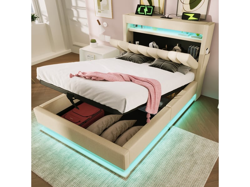Lit capitonné 90x200 cm avec coffre de rangement, led, ports usb et tête de lit étagère, lin beige - Conforama D