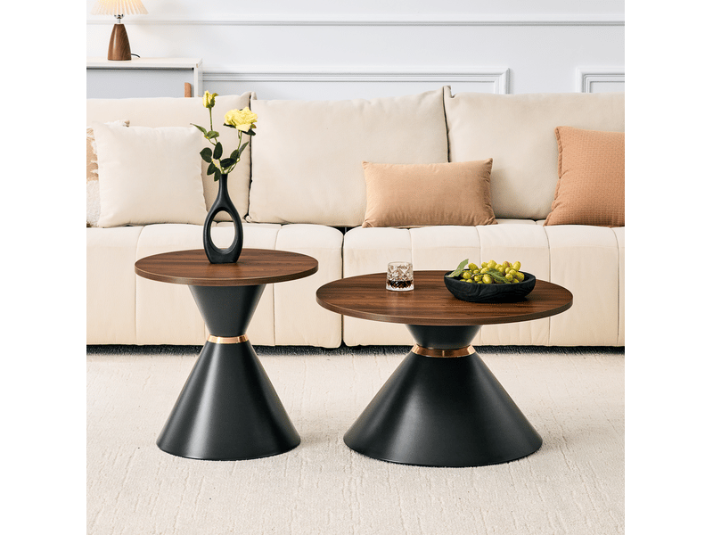  Tables basses gigognes 70x42,5+50x50,5 cm, design conique, empilables pour salon et pour bureau, métal, noyer et noir  - Conforama D