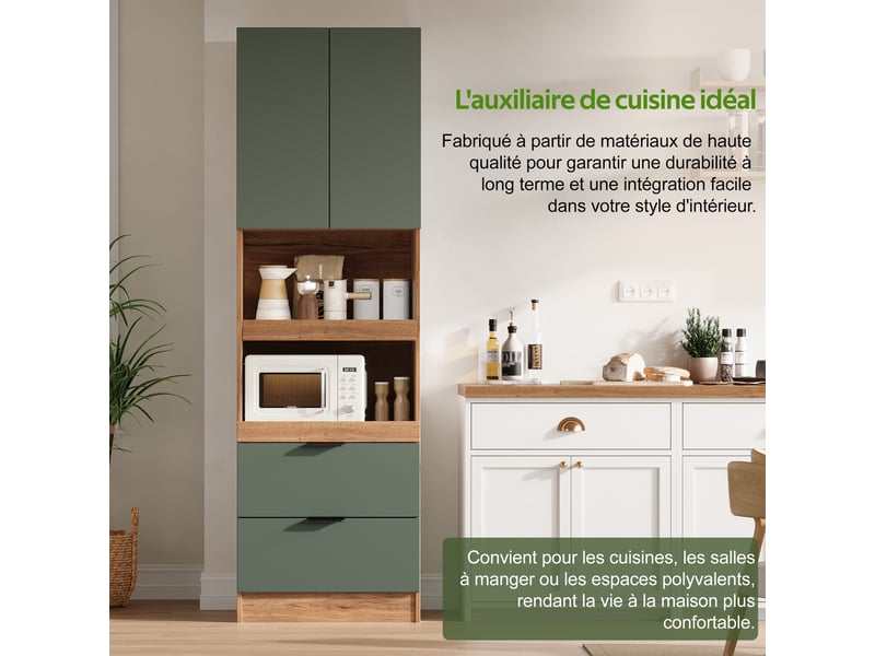  Meuble de cuisine muvano pour micro-ondes, vert et décor bois, 2 tiroirs, hauteur 200 cm  - Conforama B
