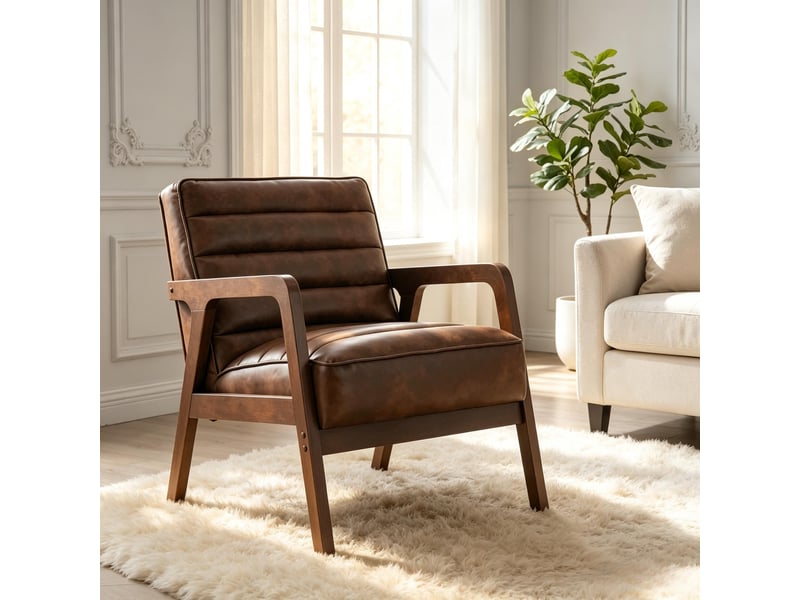  Fauteuil de salon rembourré en bois massif et pu, grande assise avec coussin épais  - Conforama D
