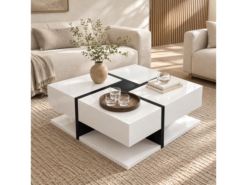  Table basse carrée avec 4 tiroirs et étagère pour salon en panneaux de particules 78×78×36 cm blanc et noir  - Conforama B