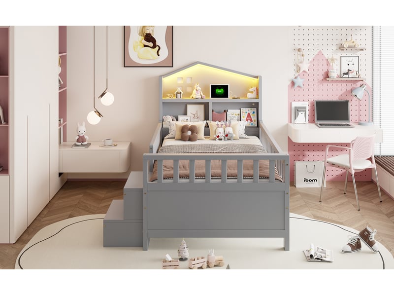 Lit enfant 90x200 cm - en bois avec 4 tiroirs, ports usb et éclairage led - sans matelas - gris  - Conforama E