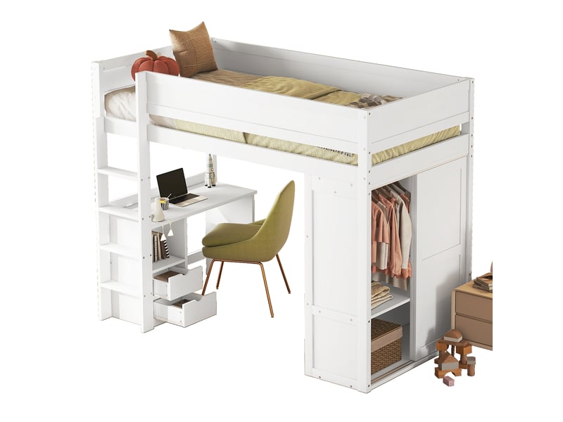  Lit mezzanine enfant 90 × 200 cm 1 place avec bureau, armoire, 2 tiroirs et étagères, sans matelas, en pin, blanc  - Conforama A