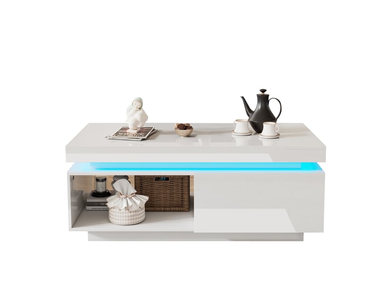  Table basse 100x50x40 cm moderne haute brillance led tiroir capacité 50 kg panneaux de particules finition blanc  - Conforama A