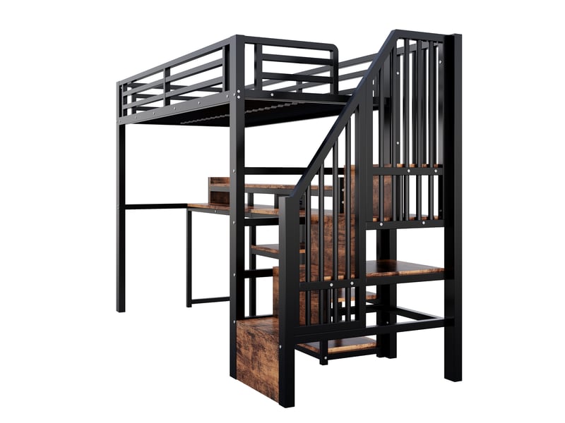  Lit mezzanine, lit simple avec échelle de rangement, étagères, usb, type-c et led, 200x90 cm, sans matelas, noir  - Conforama E
