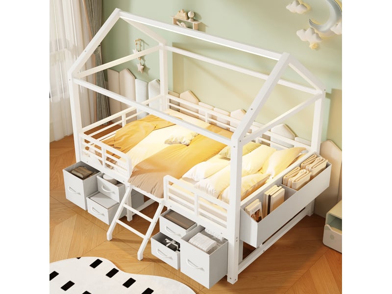  Lit mezzanine 90x200 cm avec led et tiroirs en tissu, en métal blanc  - Conforama D