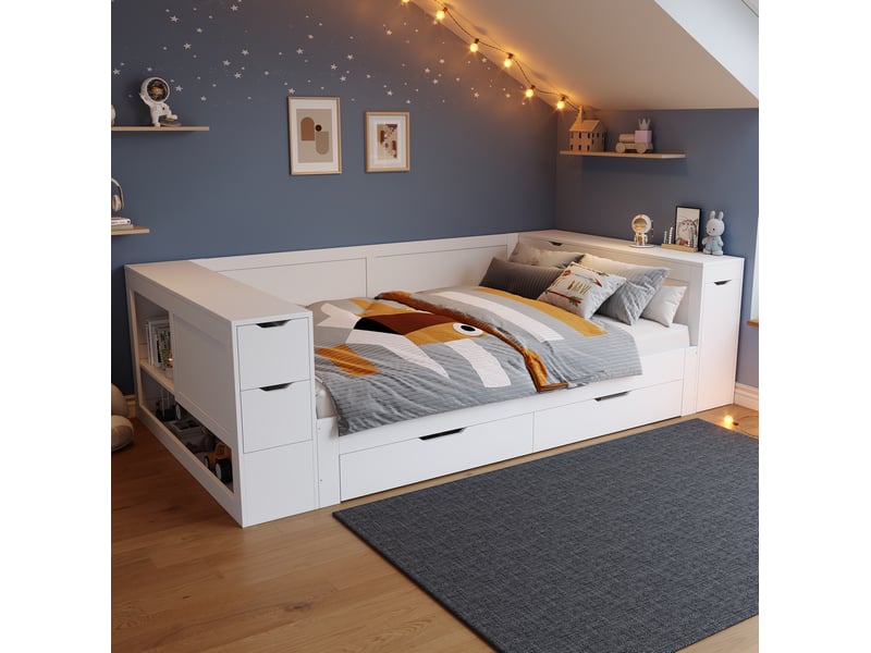  Modenvie lit coffre 140x190 cm - avec tiroirs, rangement latéral, sans matelas - pour chambre - blanc  - Conforama D