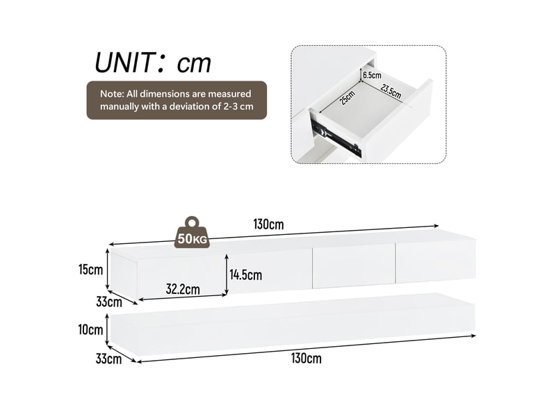  Meuble tv mural led blanc 130 x 33 x 15 cm avec 4 tiroirs  - Conforama D