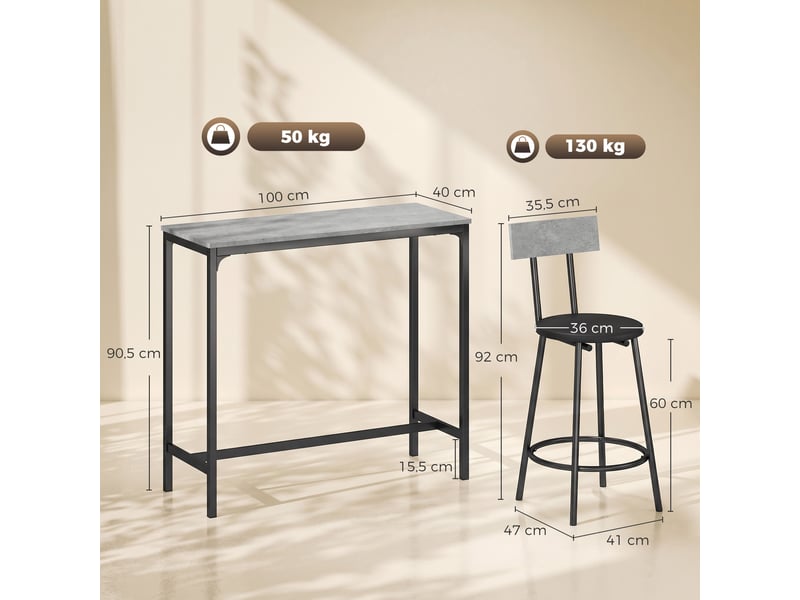  Table de bar avec tabourets assortis, table haute avec 2 tabourets rembourrés et repose-pieds, idéale pour les petits espaces, gris.  - Conforama E