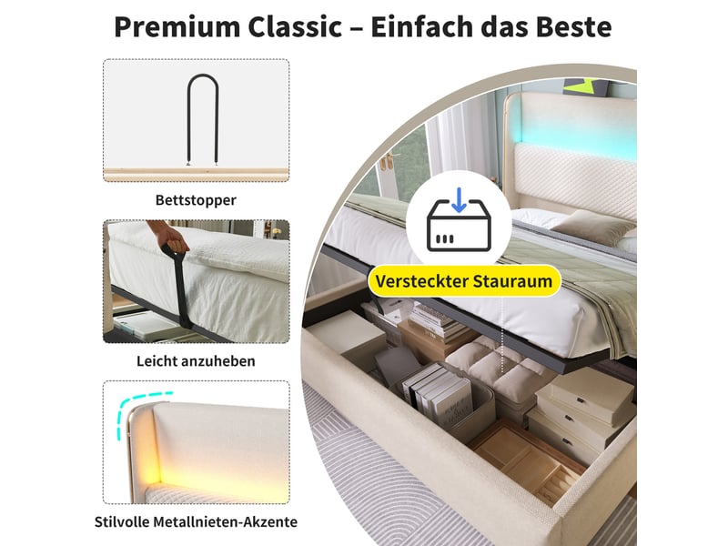  Lit coffre, lit double 180x200 cm, rangement hydraulique, led, usbusb-c, matelas inclus, lin beige  - Conforama E
