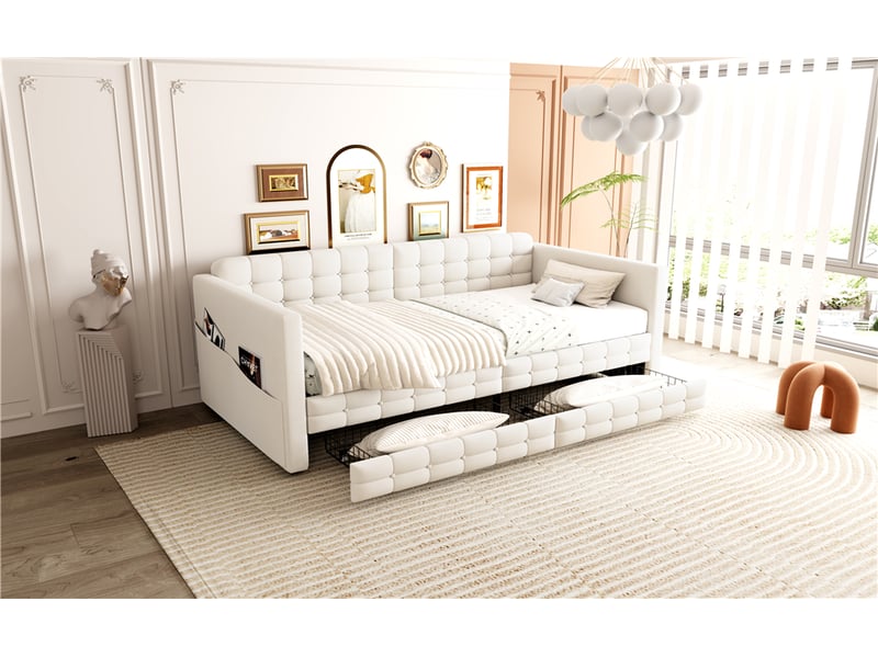  Canapé-lit 90x190 cm, lit enfant, couchage d'appoint, 2 tiroirs, velours beige  - Conforama R
