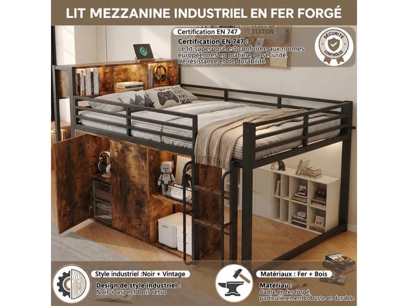  Lit mezzanine 120 x 200 cm en métal avec armoire, étagères, éclairage led, prise eu et échelle, noir et effet bois  - Conforama E
