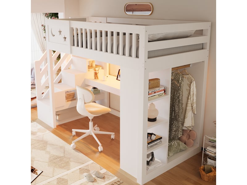 Lit mezzanine en bois 90 x 200 cm – avec barrières de sécurité – avec éclairage led – avec prise électrique – blanc (matelas non inclus) - Conforama D