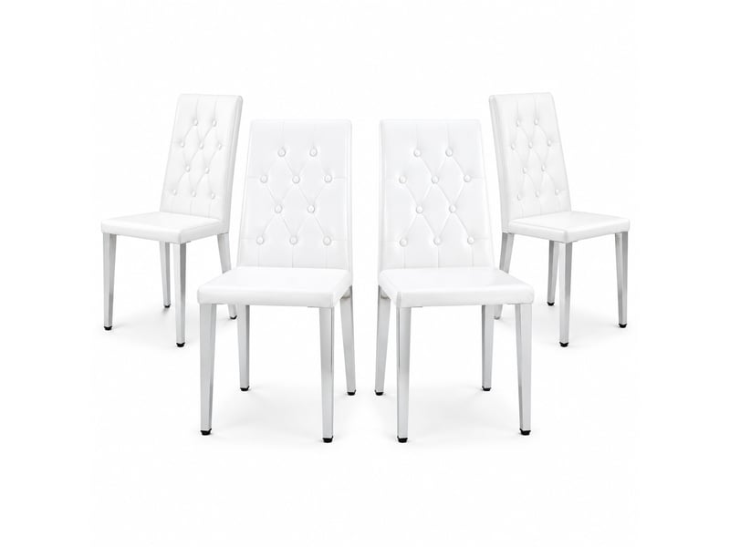  Chaise de salle à manger lot de 4, dossier capitonné  - assise rembourrée, pu blanc et métal argenté  - Conforama A
