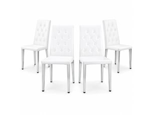 Chaise de salle à manger lot de 4, dossier capitonné  - assise rembourrée, pu blanc et métal argenté