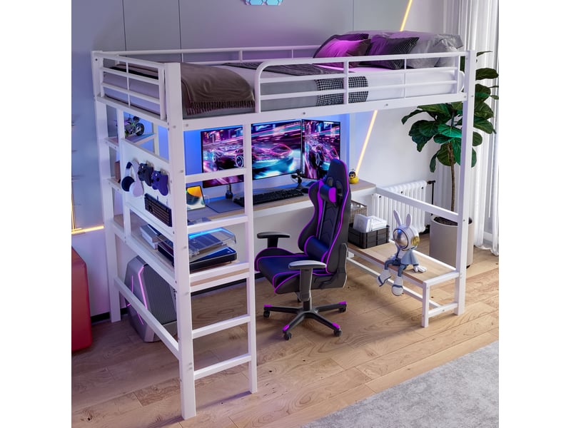  Lit surélevé 90 x 200 cm avec bureau, led, prises usb et type-c, blanc  - Conforama D