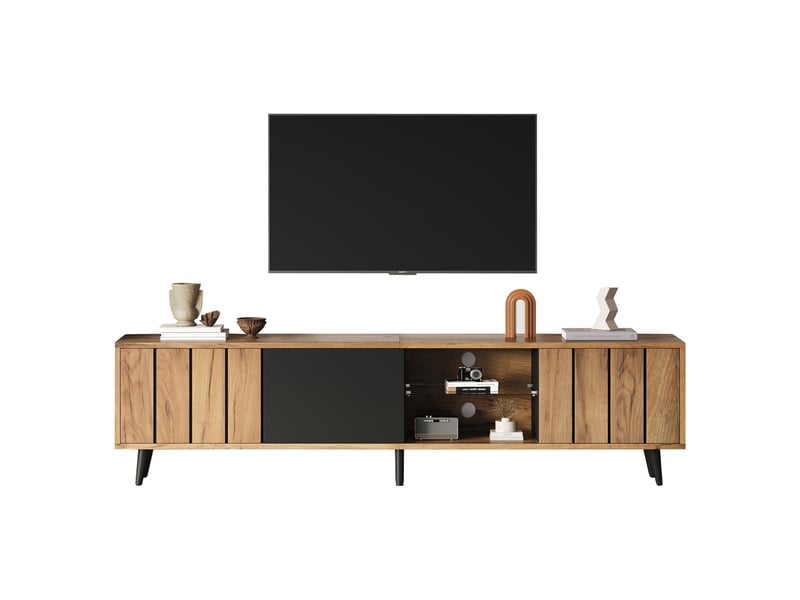 Meuble tv bas en bois naturel et noir, 175 x 31,5 x 45 cm, 3 portes, pour téléviseur jusqu'à 75 pouces - Conforama A