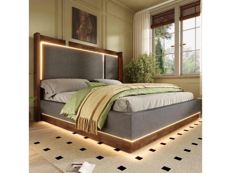  Lit coffre hydraulique 140x200 cm, lit double avec led et rangement, tête de lit rembourrée en lin, sommier à lattes - gris (sans matelas)  - Conforama C