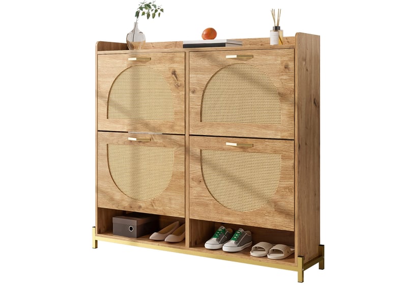  Meuble à chaussures 108,5x24x100 cm, 4 portes effet rotin, cadre métal et étagère haute, gain de place pour entrée et couloir - bois  - Conforama A