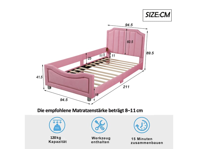  Lit enfant lit rembourré 90x200cm, canapé-lit cadre de lit en flanelle lit souple avec dossier accoudoir lit simple, rose  - Conforama W