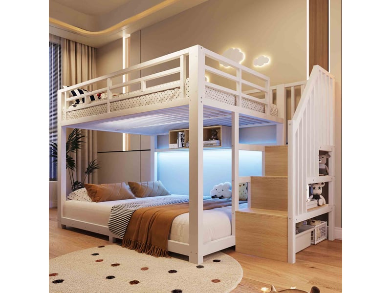  Lit superposé 140x200 cm en métal avec éclairage led, 3 rangements, escalier avec rangements et barrières de sécurité - blanc  - Conforama B