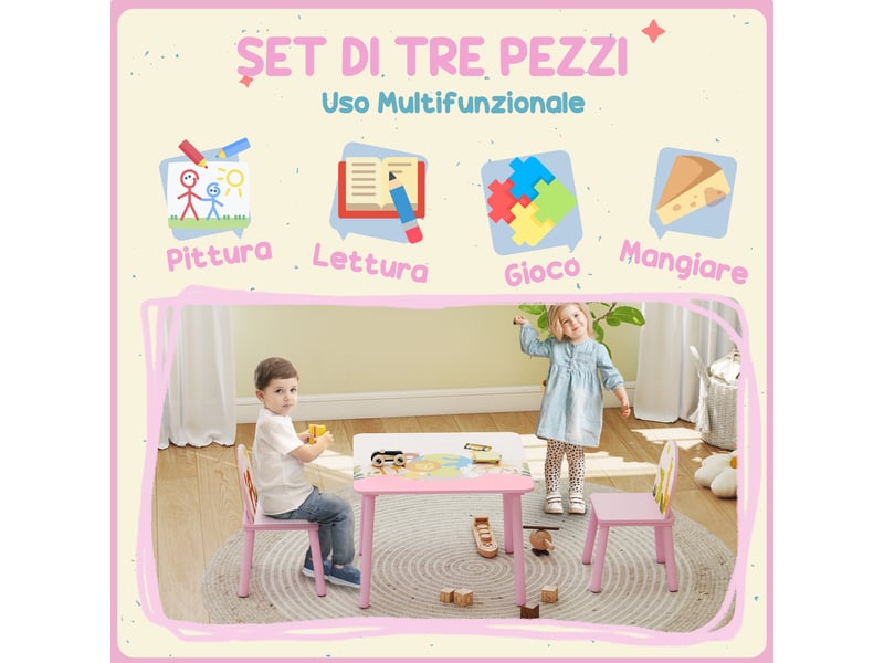 Ensemble table et chaises pour enfants de 3 à 8 ans, décoré de motifs animaliers et aux bords arrondis, en mdf et pin rose. - Conforama E