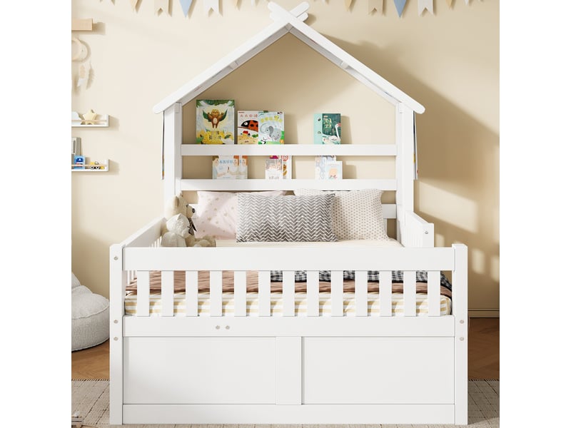 Lit gigogne 140x200 en bois blanc avec rangements et barrières de sécurité - Conforama R