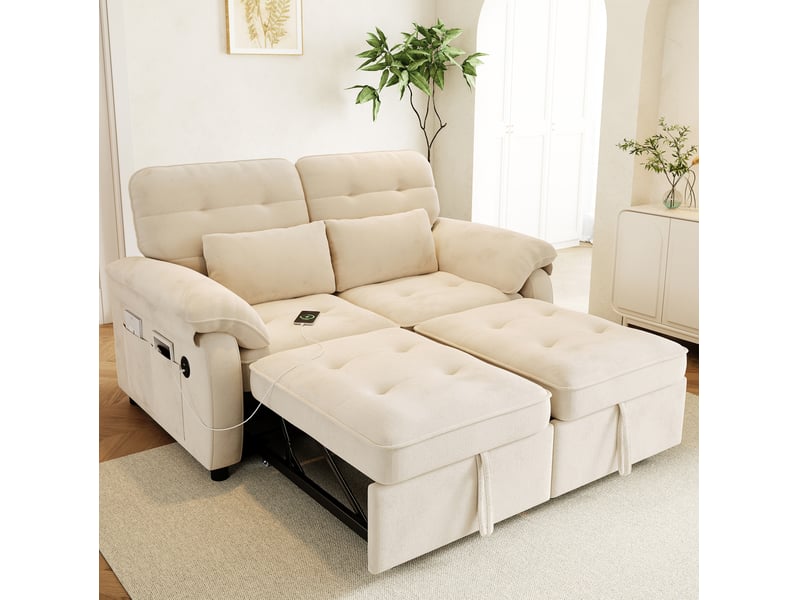 Canapé droit convertible 142x90x86,5cm 2 places, 2 coussins inclus, structure en bois et métal, tissu chenille, beige - Conforama B
