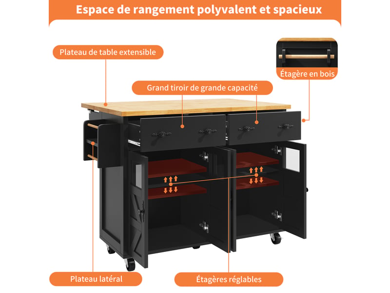  Îlot de cuisine mobile et buffet roulant extensible 140x45-73x93,5 cm, noir, tiroir, portes en verre, 5 roues dont 2 freins.  - Conforama D