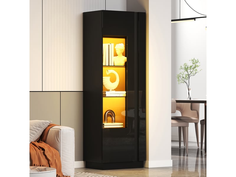  Vitrine 60x40x180 cm, meuble vitrine avec porte en acrylique, éclairage led, finition brillante, 3 étagères en verre, armoire de présentation salon  - Conforama B