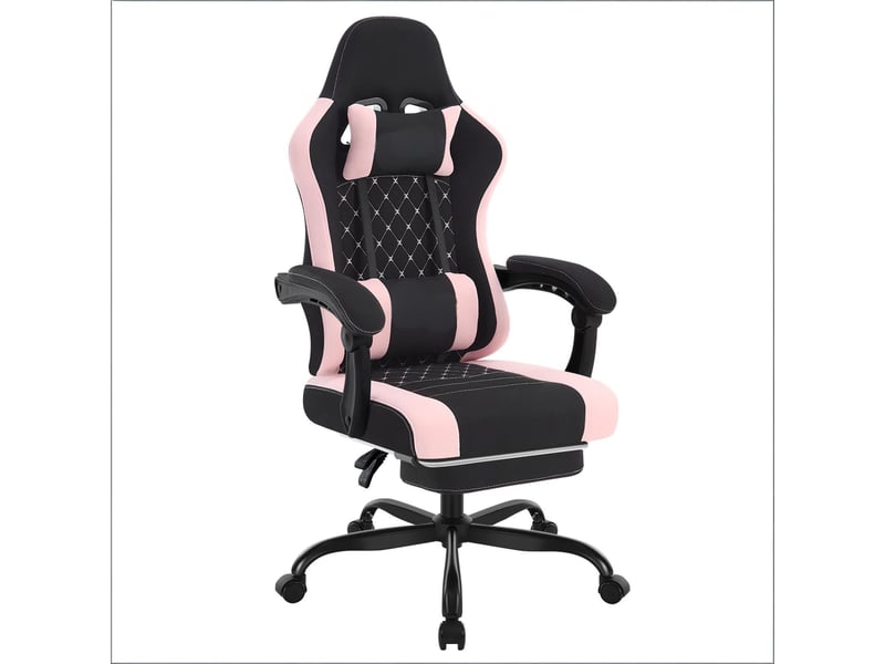  Chaise de bureau ergonomique 70 x 70 x 119,5-127 cm - gaming massage inclinable 145° avec repose-pieds retractable - tissu - noir et rose  - Conforama A
